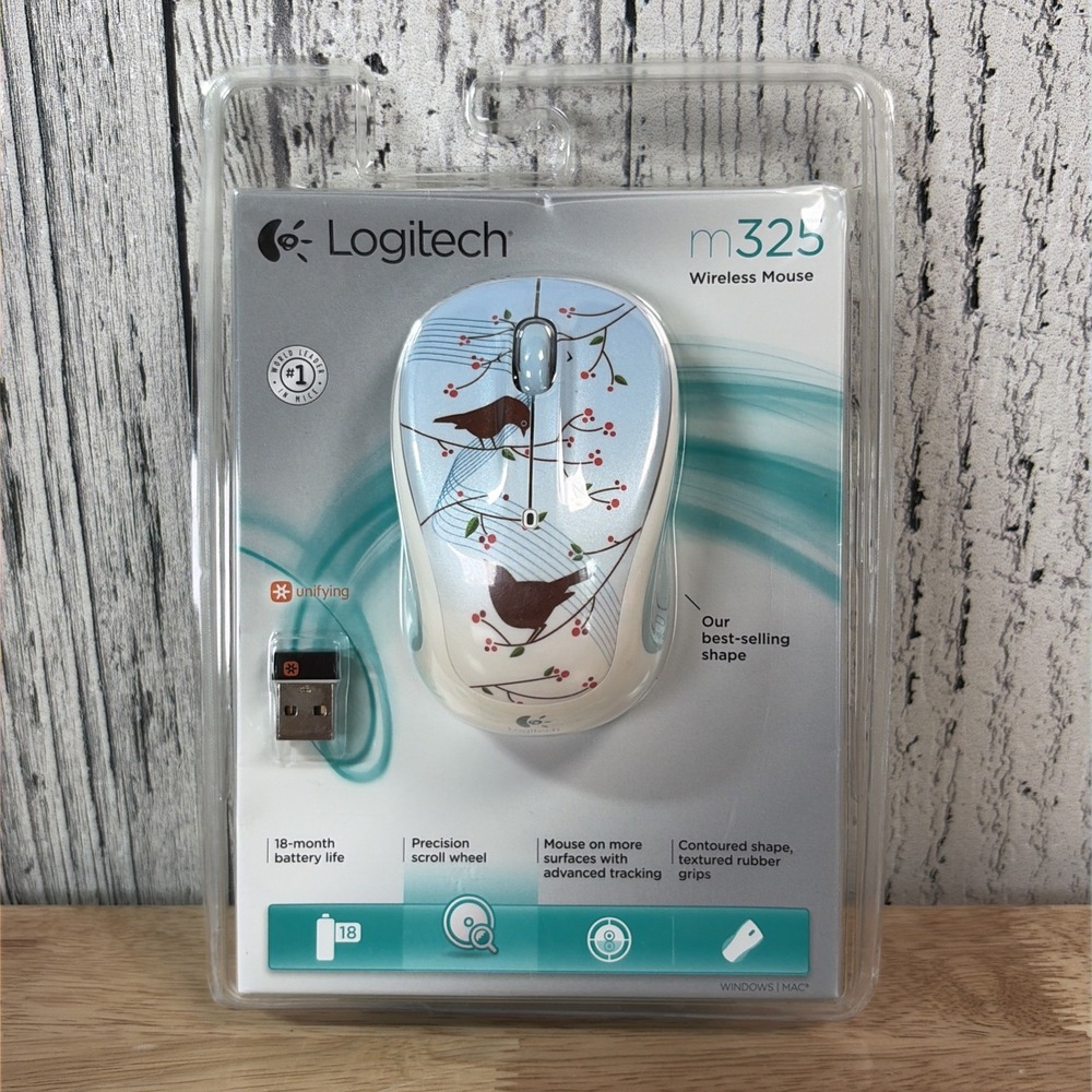 Logitech M325 Wireless Mouse White/Blue Birds On A Branch